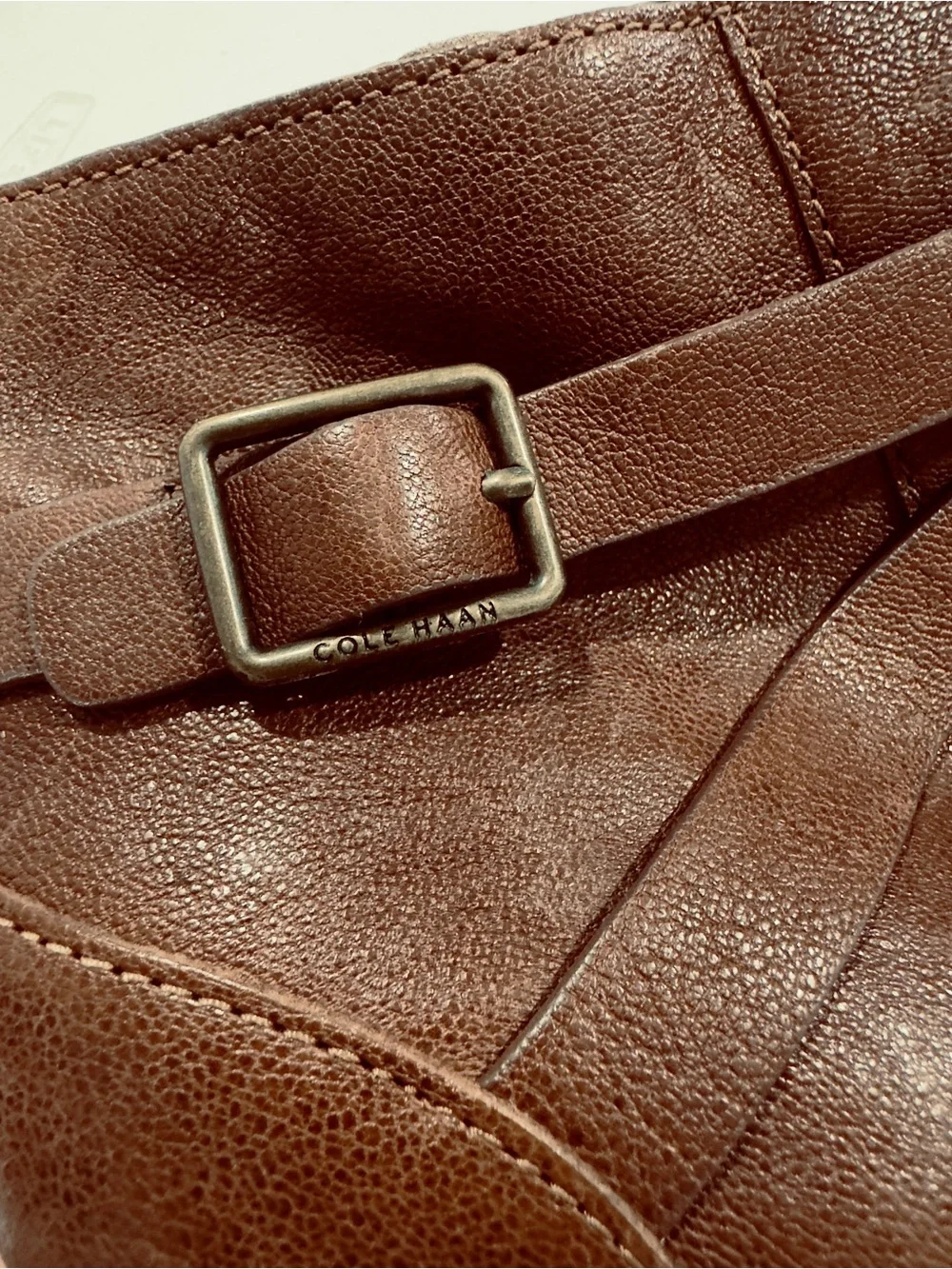 Cole Haan Brown Leather Ankle Booties Size 11B Block Heel Buckle Strap side zip
